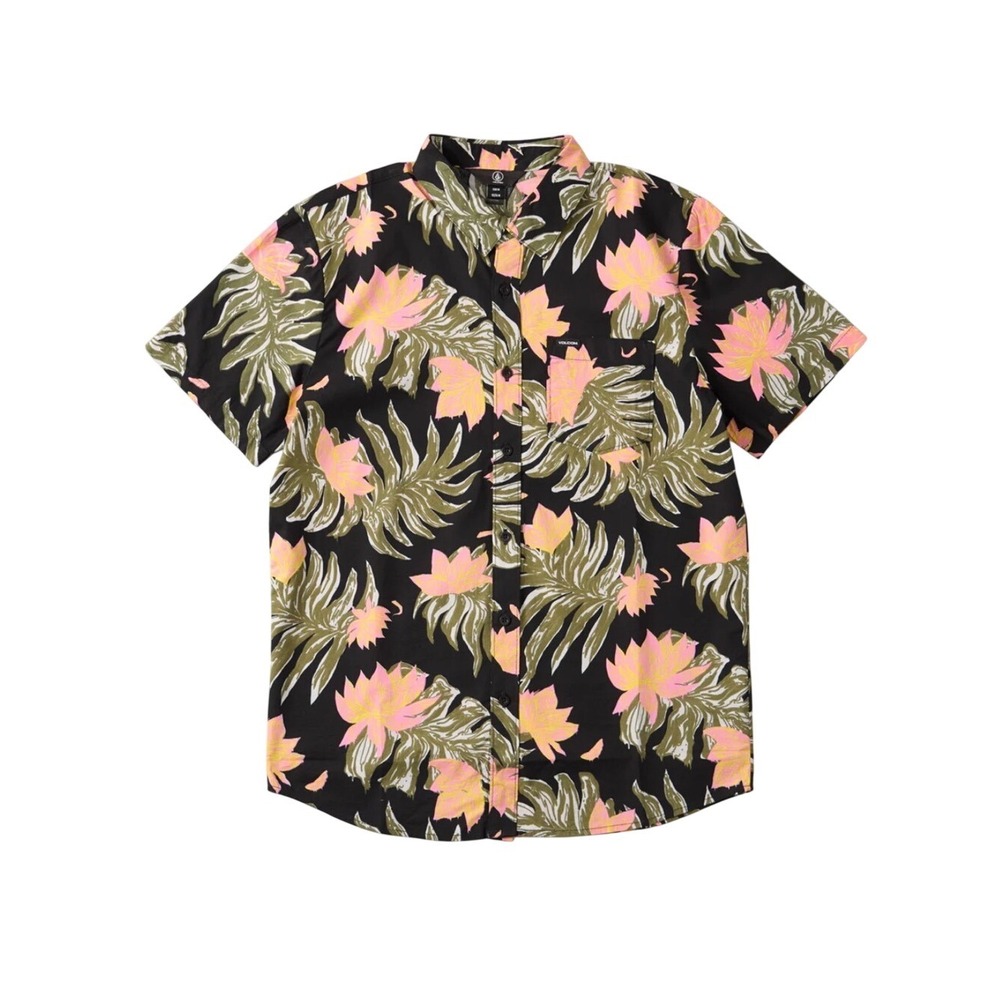 Volcom Warbler Tropical Floral Button Up Shirt Black Cotton Men’s L